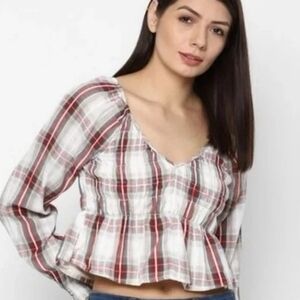 Womens Crop Top  XL Smocked Plaid Bishop Y2K Style Babydoll Summer Beachy